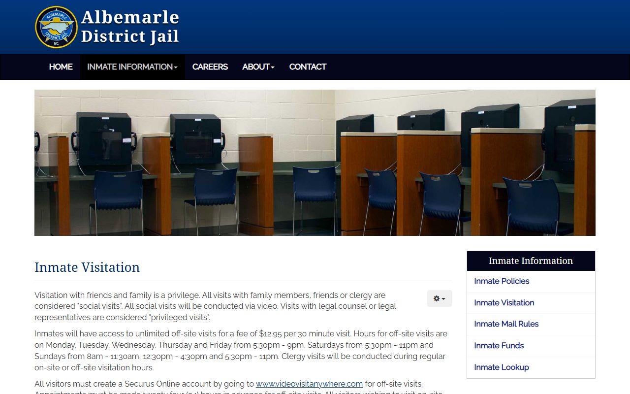 Albemarle District Jail visitation page with Securus video visitation details