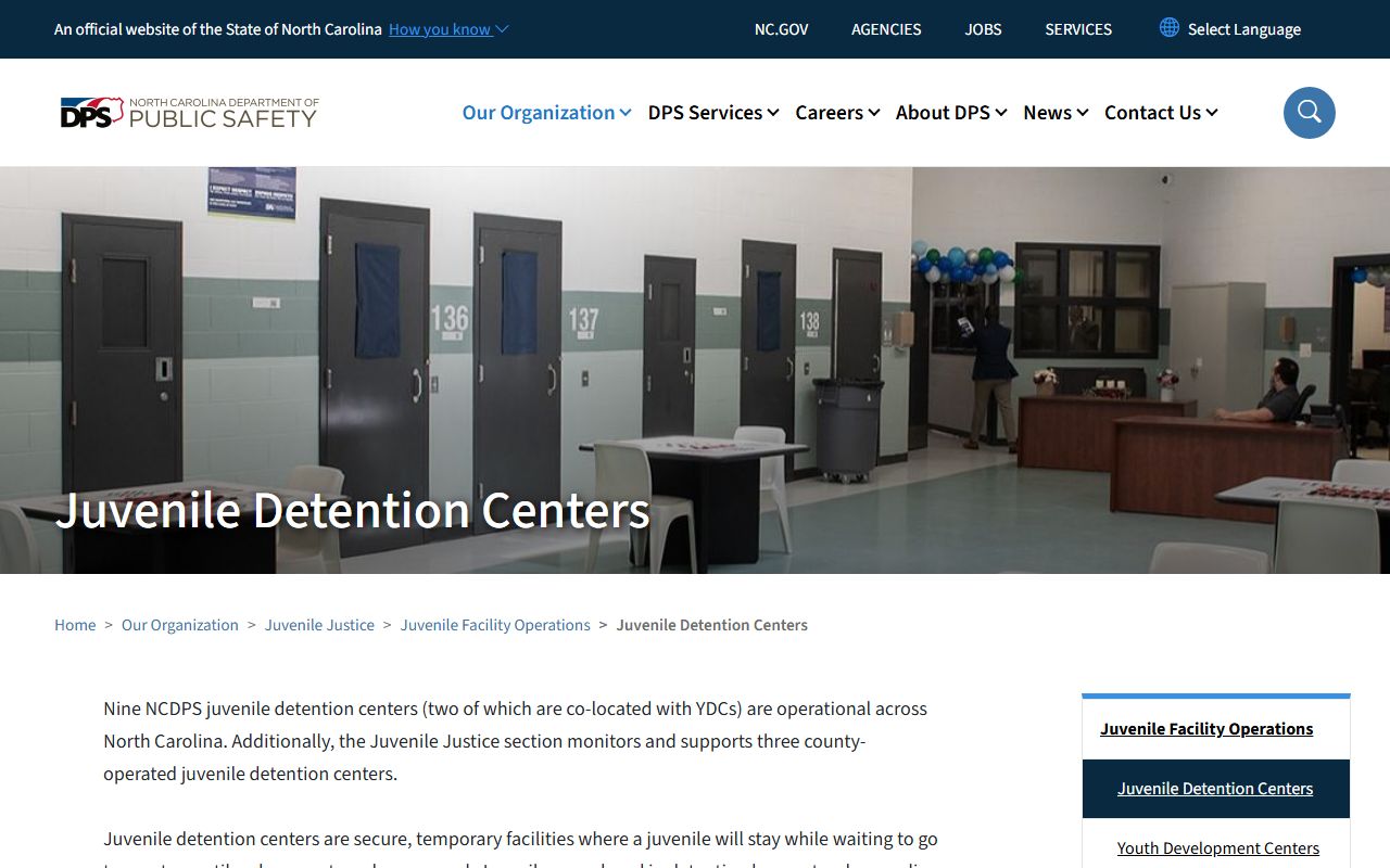 NCDPS juvenile detention centers page listing Perquimans Juvenile Detention Center