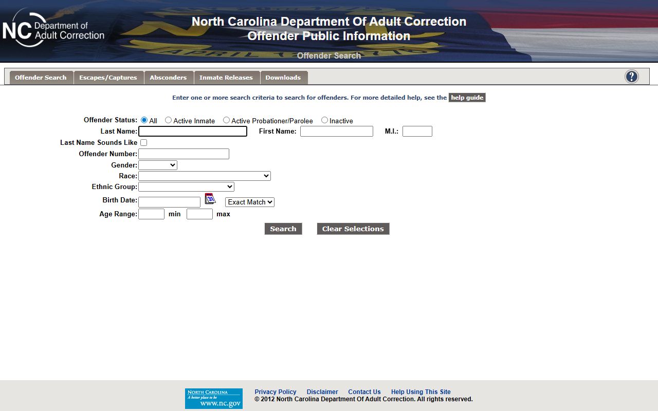 North Carolina NCDAC offender search fields for Perquimans County inmate records